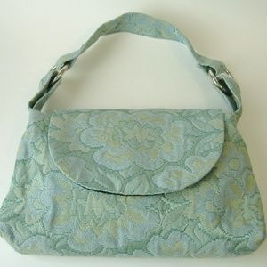 Green Blue KM White Purse Tapestry Handbag Tote Black Velvet Lined Floral Fabric